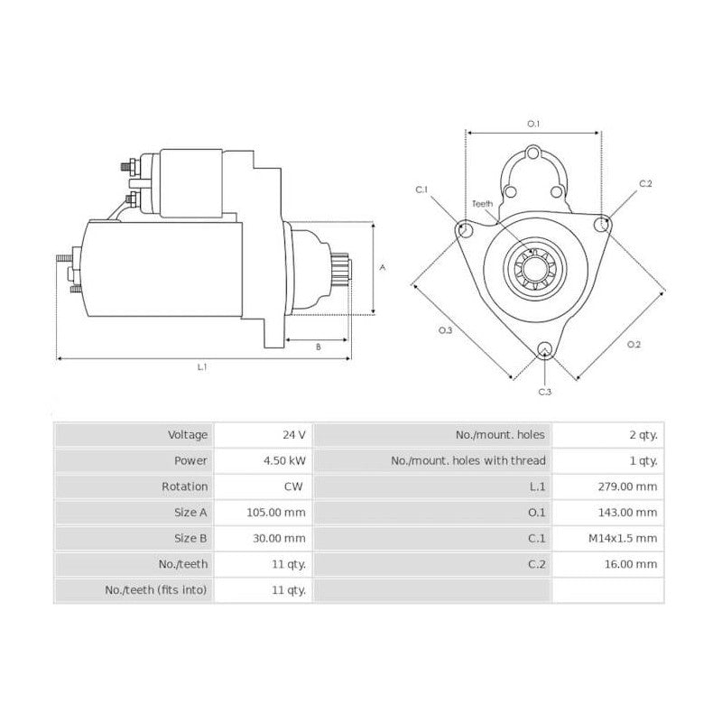 STARTER MOTOR 24V, 4.5KW  & 11 TEETH FOR HINO 300 & 500 SERIES.